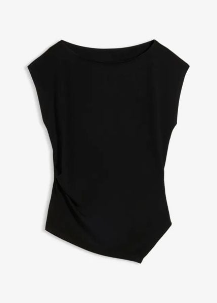 Asymetryczny top z materiału punto di roma. Czarne topy bonprix, bez wzorów, z asymetrycznym kołnierzem, bez ramiączek. Za 79.99 zł.