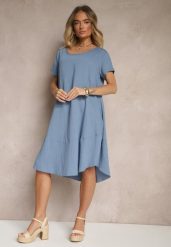 Niebieska Sukienka z Wiskozy o Rozkloszowanym Kroju Irisena. Niebieskie sukienki Renee, na co dzień, l, bez wzorów, z jeansu, eleganckie, bez kołnierzyka, bez ramiączek, midi, proste. W wyprzedaży za 55.99 zł.