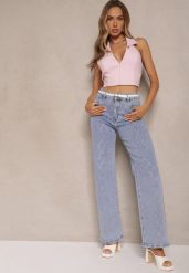 Niebieskie Jeansy Szerokie Ozdobione Cyrkoniami z Bawełną Nelkio. Niebieskie jeansy Renee, bez wzorów, z bawełny, eleganckie, z podwyższonym stanem. W wyprzedaży za 127.99 zł.
