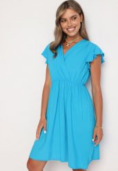 Niebieska Rozkloszowana Sukienka z Gumką w Pasie i Falbanką przy Rękawach Walvia. Niebieskie sukienki Born2be, na imprezę, l, bez wzorów, eleganckie, bez kołnierzyka, bez ramiączek, mini, rozkloszowane. W wyprzedaży za 33.99 zł.
