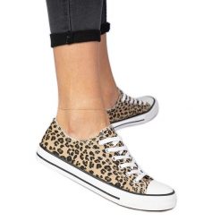 Panterkowe klasyczne damskie trampki beżowy. Brązowe trampki bez wzorów, z materiału, eleganckie, bez zapięcia. Za 75.95 zł.