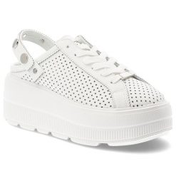 Klapki damskie S.Barski, ze skóry naturalnej licowej ażurowa cholewka platforma sznurowane styl casual, białe, LR61-7088. Białe klapki S.BARSKI, w ażurowe wzory, ze skóry, casualowe, bez obcasa, na platformie, bez zapięcia. Za 229.00 zł.