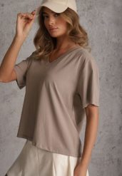 Beżowy T-shirt Bawełniany z Dekoltem w V Adozixie. Brązowe t-shirty Renee, bez wzorów, z bawełny, casualowe, bez kołnierzyka, bez ramiączek. Za 79.99 zł.