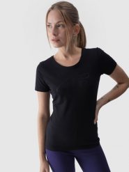 4F T-shirt slim z nadrukiem damski - czarny L. Czarne t-shirty 4f, l, bez wzorów, z bawełny, klasyczne, bez kołnierzyka, bez ramiączek. Za 59.99 zł.
