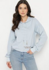 Niebieska Bluza z Bawełną i Kapturem Ozdobiona Sznurkami i Cyrkoniami Amoienna. Niebieskie bluzy Born2be, l, z aplikacjami, z bawełny, casualowe, bez ramiączek, z kapturem. W wyprzedaży za 55.24 zł.
