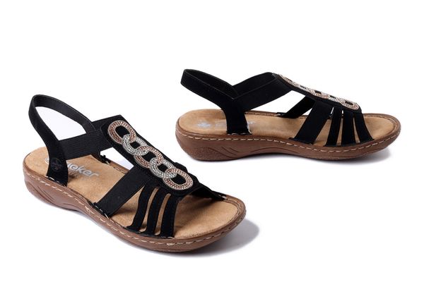 RIEKER V2870-00 black, sandały damskie. Czarne sandały Rieker, bez wzorów, bez obcasa, bez zapięcia. Za 239.93 zł.