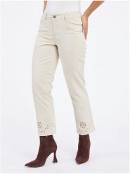 Orsay Dżinsy - Slim fit - w kolorze kremowym rozmiar: 34. Brązowe jeansy Orsay, z aplikacjami, ze skóry, klasyczne. Za 52.67 zł.
