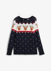 Sweter bożonarodzeniowy z motywem reniferów. Niebieskie swetry bonprix, bez wzorów, bez ramiączek. Za 129.99 zł.