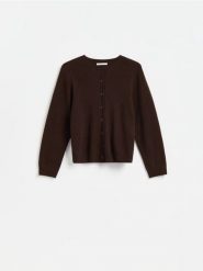 Wełniany kardigan - ciemnobrązowy. Brązowe swetry Reserved, l, bez wzorów, z wełny, bez ramiączek. Za 179.99 zł.