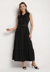 Czarna Koszulowa Sukienka Ozdobiona Paskiem Mavorelle. Czarne sukienki Born2be, na co dzień, l, bez wzorów, eleganckie, bez kołnierzyka, bez ramiączek, maxi, koszulowe. W wyprzedaży za 118.99 zł.