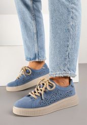 Niebieskie Skórzane Sneakersy Typu Tenisówki z Ażurową Cholewką Virival. Niebieskie trampki Born2be, z aplikacjami, z jeansu, eleganckie, bez zapięcia. W wyprzedaży za 152.99 zł.