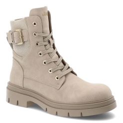 Botki damskie Jeep, trzewiki na płaskim obcasie za kostkę i zapinane na zamek, kremowe, JL52591A. Brązowe botki Jeep, bez wzorów, z dzianiny, militarne, za kostkę, bez obcasa, na płaskiej podeszwie, bez zapięcia. Za 279.00 zł.