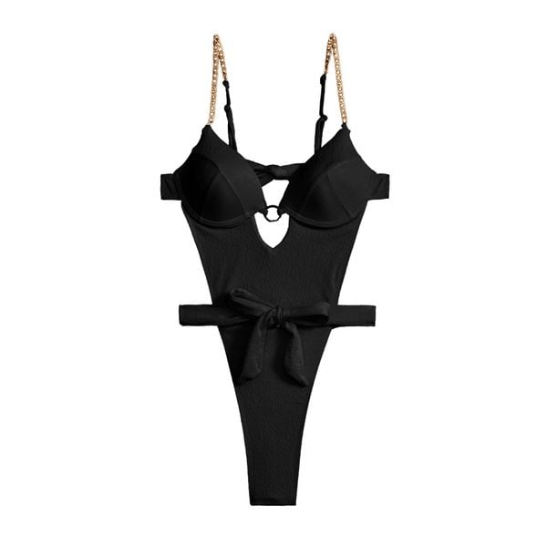 Strój kąpielowy z łańcuszkami na lato plaża basen Rut. Czarne stroje jednoczęściowe Intica, bez wzorów, z materiału, eleganckie. Za 169.00 zł.