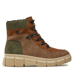 Trzewiki Rieker. Brązowe botki Rieker, bez wzorów, bez obcasa, na płaskiej podeszwie, bez zapięcia. Za 279.99 zł.