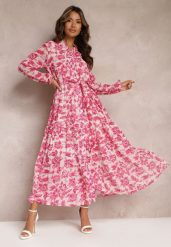 Fuksjowa Kwiecista Sukienka Maxi z Falbanką i Materiałowym Paskiem Ayvie. Czerwone sukienki Renee, na spacer, l, bez wzorów, z materiału, eleganckie, bez kołnierzyka, bez ramiączek, maxi, rozkloszowane. W wyprzedaży za 111.99 zł.