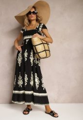 Czarna Wiskozowa Sukienka Boho z Falbankami i Gumką w Talii na Szerokich Ramiączkach Dreria. Czarne sukienki Renee, na co dzień, l, w ażurowe wzory, z materiału, boho, bez kołnierzyka, bez ramiączek, maxi, proste. W wyprzedaży za 91.99 zł.