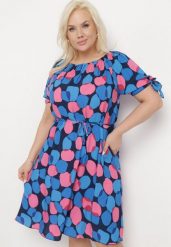 Niebieska Trapezowa Sukienka Bawełniana z Elastycznym Dekoltem i Sznurkiem w Talii Eeraphina. Niebieskie sukienki Born2be, l, bez wzorów, z bawełny, eleganckie, bez kołnierzyka, bez ramiączek, midi, trapezowe. W wyprzedaży za 48.99 zł.