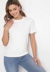 Biały Wiskozowy T-shirt w Klasycznym Stylu Arivoria. Białe t-shirty Born2be, m, z aplikacjami, z jeansu, klasyczne, bez kołnierzyka, bez ramiączek. W wyprzedaży za 42.49 zł.