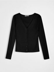 Prążkowana bluzka z wiskozy - czarny. Czarne bluzki Sinsay, l, bez wzorów, prążkowane, bez kołnierzyka, bez ramiączek. Za 35.99 zł.