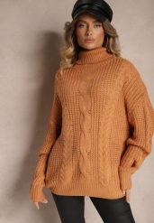 Brązowy Golf z Wiskozą w Stylu Oversize z Ozdobnym Splotem Korremi. Brązowe swetry Renee, m, bez wzorów, z wiskozy, eleganckie, bez ramiączek. W wyprzedaży za 71.99 zł.