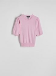 Wełniany sweter z krótkim rękawem - różowy. Czerwone swetry Reserved, l, bez wzorów, z wełny, bez ramiączek. W wyprzedaży za 139.99 zł.