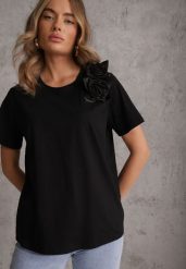 Czarny Bawełniany T-shirt o Klasycznym Kroju z Kwiatowymi Aplikacjami 3D Morgane. Czarne t-shirty Renee, l, z aplikacjami, z bawełny, casualowe, bez kołnierzyka, bez ramiączek. Za 69.99 zł.
