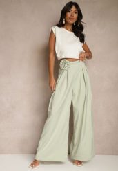 Zielone Spodnie o Szerokim Kroju High Waist z Kwiatem 3D Firalisse. Zielone jeansy Renee, l, z aplikacjami, z jeansu, eleganckie, z podwyższonym stanem. W wyprzedaży za 91.99 zł.