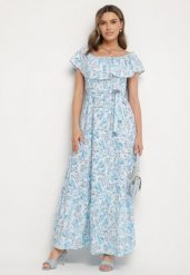 Niebieska Sukienka Hiszpanka z Bawełną w Kwiaty Mreova. Niebieskie sukienki Born2be, na co dzień, l, bez wzorów, z bawełny, eleganckie, bez kołnierzyka, bez ramiączek, maxi, proste. W wyprzedaży za 55.24 zł.