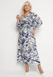Niebieska Rozkloszowana Sukienka Kopertowa z Wiskozą w Abstrakcyjny Wzór Dleffia. Niebieskie sukienki Born2be, na co dzień, plus size, bez wzorów, z wiskozy, eleganckie, bez kołnierzyka, plus size, bez ramiączek, maxi, kopertowe. W wyprzedaży za 90.99 zł.
