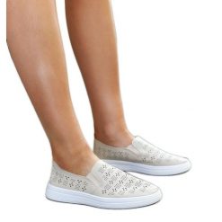 Beżowe wsuwane tenisówki Hilal beżowy. Brązowe trampki w ażurowe wzory, z materiału, eleganckie, bez zapięcia. Za 77.42 zł.
