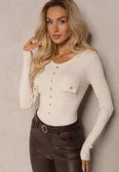 Jasnobeżowy Sweter z Bawełną z Prążkowanego Materiału Ozdobiony Kieszeniami i Guzikami Aprinevia. Brązowe swetry Renee, bez wzorów, z bawełny, casualowe, bez ramiączek. W wyprzedaży za 55.99 zł.