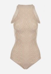 Beżowe Body z Wiskozy o Tłoczonej Fakturze Idolina. Brązowe body i gorsety Born2be, bez wzorów, z jeansu, bez ramiączek. Za 119.99 zł.