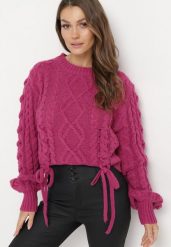 Fuksjowy Klasyczny Sweter ze Ściągaczami i Ozdobnym Sznurowaniem Nabira. Czerwone swetry Born2be, bez wzorów, klasyczne, bez ramiączek. Za 129.99 zł.