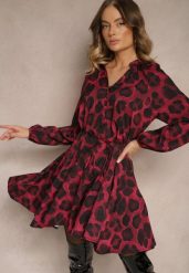 Bordowa Sukienka w Panterkowy Print o Rozkloszowanym Kroju z Wiązaniem w Talii Ameriana. Czerwone sukienki Renee, na co dzień, m, bez wzorów, eleganckie, bez kołnierzyka, bez ramiączek, mini, kopertowe. W wyprzedaży za 97.99 zł.