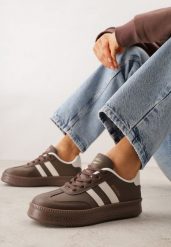 Brązowe Sneakersy Sportowe VICES z Ozdobnymi Paskami i Przeszyciami Wenilan. Brązowe buty sportowe lifestyle Renee, bez wzorów, z jeansu, sportowe, bez zapięcia. Za 89.99 zł.