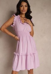 Fioletowa Rozkloszowana Sukienka z Wiskozą Bez Rękawów Lirabellae. Fioletowe sukienki Renee, l, bez wzorów, z bawełny, eleganckie, bez kołnierzyka, bez ramiączek, mini, rozkloszowane. Za 44.99 zł.