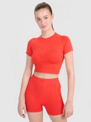 4F Crop-top treningowy slim bezszwowy damski - czerwony XS/S. Czerwone topy sportowe 4f, s, bez wzorów, z dzianiny, do biegania. W wyprzedaży za 59.99 zł.