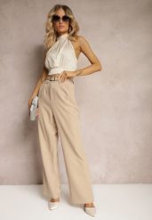 Beżowe Garniturowe Spodnie High Waist z Gumką w Talii Oziara. Brązowe jeansy Renee, l, bez wzorów, z jeansu, eleganckie, z podwyższonym stanem, długie. W wyprzedaży za 99.99 zł.