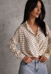 Beżowa Koszula w Groszki z Wiskozy Zdobiona Węzłem Aetherissa. Brązowe koszule Renee, l, z aplikacjami, z materiału, casualowe, bez kołnierzyka, bez ramiączek. Za 109.99 zł.