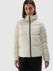 Kurtka puchowa z wypełnieniem syntetycznym damska - biała. Białe kurtki 4f, na zimę, xl, bez wzorów, z dzianiny, klasyczne, bez kaptura. Za 399.99 zł.
