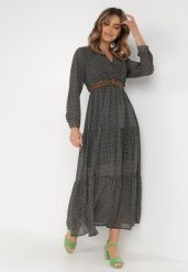Czarna Sukienka Demusa. Czarne sukienki Born2be, l, bez wzorów, z tkaniny, bez kołnierzyka, bez ramiączek, maxi, kopertowe. W wyprzedaży za 118.99 zł.
