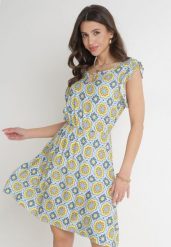 Niebiesko-Żółta Bawełniana Sukienka Mini z Gumką w Talii Caara. Niebieskie sukienki Born2be, l, bez wzorów, z bawełny, bez kołnierzyka, bez ramiączek, mini. Za 79.99 zł.