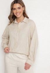 Beżowa Koszula z Wiskozą i Lnem o Kroju Oversize Katavie. Brązowe koszule Born2be, m, bez wzorów, z jeansu, eleganckie, bez kołnierzyka, bez ramiączek. Za 129.99 zł.