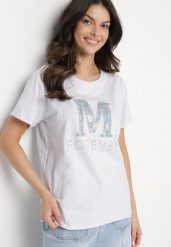 Jasnoszary T-shirt z Bawełny Ozdobiony Napisem i Cyrkoniami Olireth. Szare t-shirty Born2be, l, bez wzorów, z bawełny, eleganckie, bez kołnierzyka, bez ramiączek. Za 59.99 zł.