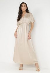 Jasnobeżowa Sukienka Satynowa Alemyllis. Brązowe sukienki Born2be, s, bez wzorów, z satyny, klasyczne, bez kołnierzyka, bez ramiączek, maxi. Za 139.99 zł.