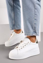 Biało-Złote Sportowe Sneakersy z Aplikacją w Kształcie Owada i Cyrkoniami Renice. Białe buty sportowe lifestyle Renee, z aplikacjami, z jeansu, sportowe, bez zapięcia. W wyprzedaży za 75.99 zł.