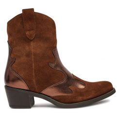Kowbojki Unisa. Brązowe botki Unisa, bez wzorów, bez obcasa, na słupku, bez zapięcia. Za 359.99 zł.