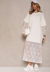 Biała Sukienka o Kroju Typu T-shirt z Koronkowymi Rękawami i Dołem Janiscia. Białe sukienki Renee, na co dzień, bez wzorów, z jeansu, eleganckie, bez kołnierzyka, bez ramiączek, maxi. W wyprzedaży za 75.99 zł.
