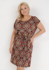 Pomarańczowa Sukienka Adapus. Brązowe sukienki Born2be, na imprezę, xl, bez wzorów, z materiału, klasyczne, bez kołnierzyka, bez ramiączek, midi. Za 79.99 zł.