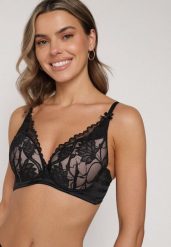 Czarno-Beżowy Koronkowy Biustonosz z Ozdobnymi Kokardkami na Ramiączkach Aeleolopei. Czarne biustonosze Born2be, z aplikacjami, z koronki. Za 34.99 zł.